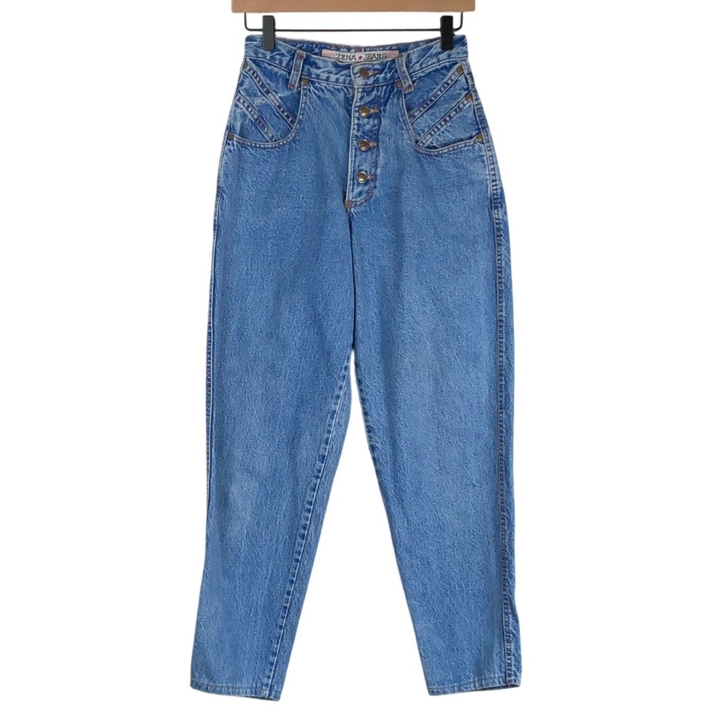 VTG 80s 90s ZENA High Waisted Tapered Jeans Sz 7/8 25" Medium Wash Blue Button